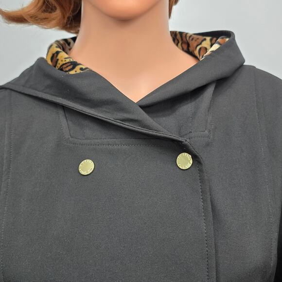 NWOT Via Spiga Hooded Trench Coat Raincoat Black Animal Print Faux Fur Lining M - Picture 10 of 16